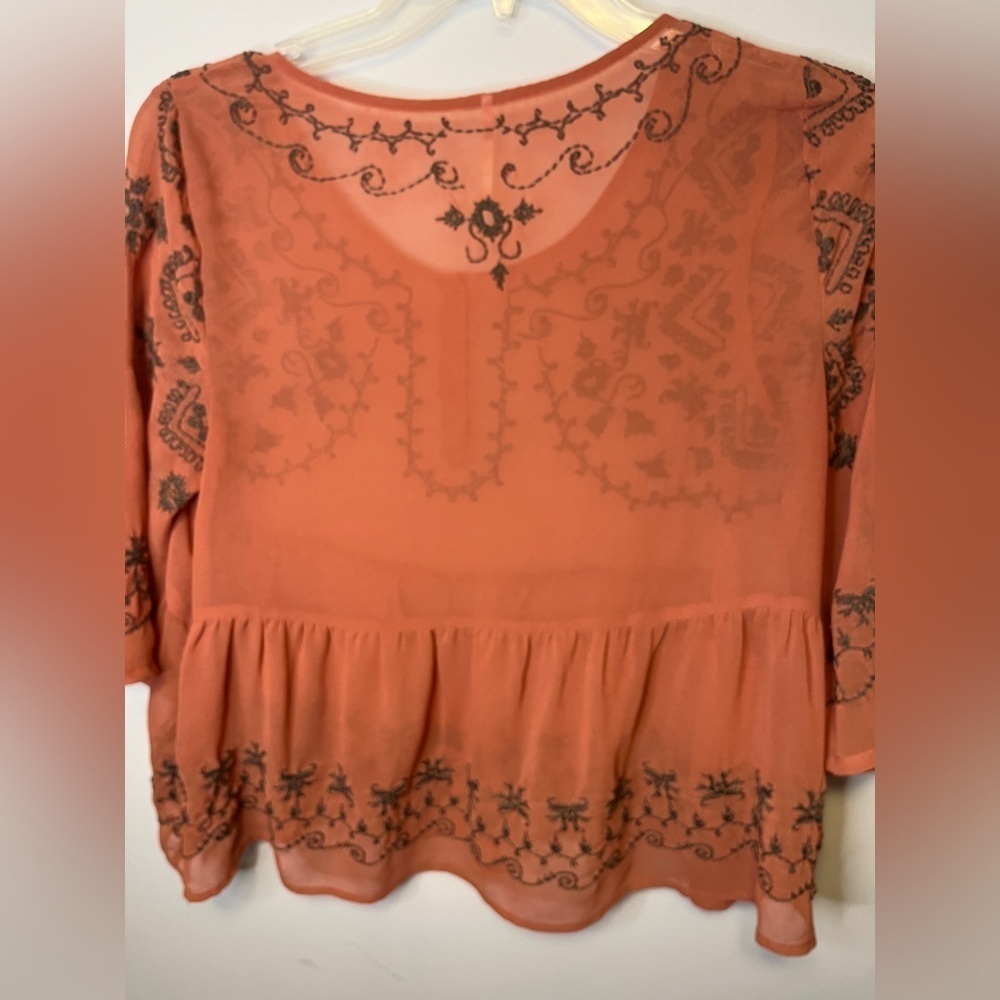 Free People Pennies Sequel Embroidered Peasant Semi-Sheer Blouse Sz M - Picture 4 of 12